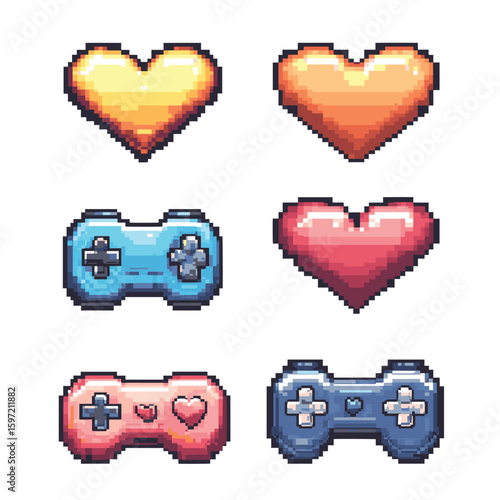 Pixel game life bar. Pixel art heart for 8 bit game health bar, hearts icons for love level scale. Gaming controller, vector symbols set