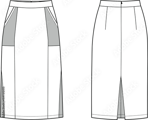 Front and back pencil skirt design with unique pockets, stylish garment patterns for fashion designers, sewing enthusiasts, apparel makers, clothing illustration