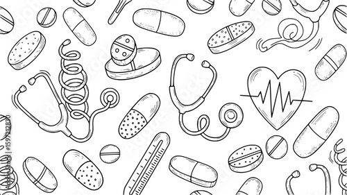 A collection of medical supplies including pills, capsules, tablets, and a stethoscope, isolated on white background