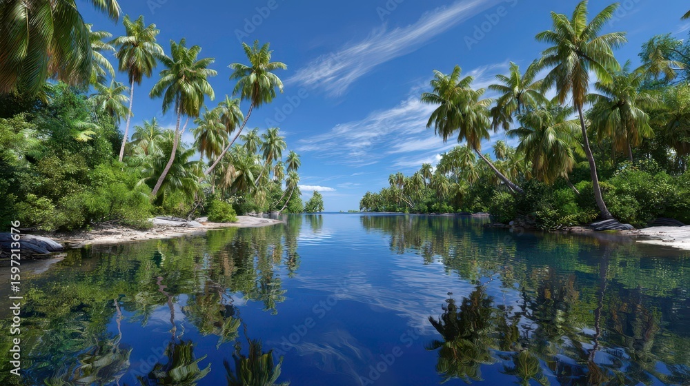 Obraz premium Tropical Island Paradise: Palm Trees, Beach, Blue Water