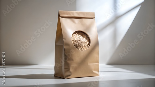 Brown paper bag with oats on a white surface with shadows