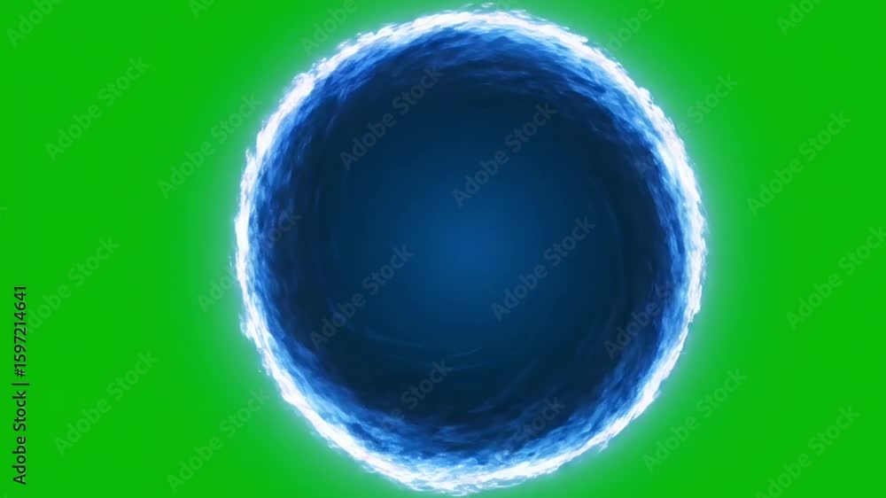 A mesmerizing blue energy sphere glows intensely against a vibrant green screen backdrop, perfect for visual effects compositing.