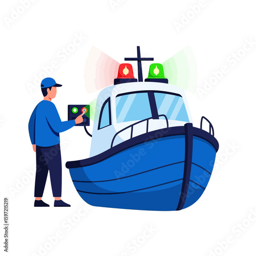 Operating Boat Illustration with Lights and a Person Controlling Panel
