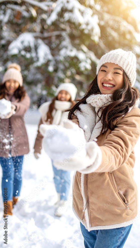 Fototapeta premium Winter friends snowball fight