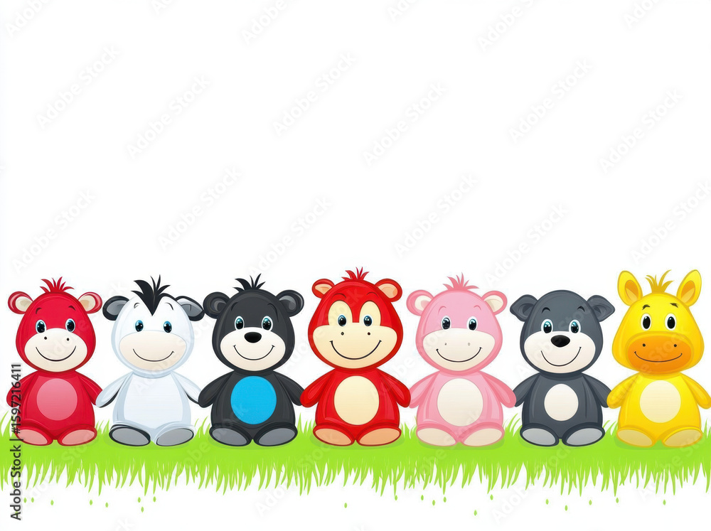 Obraz premium Cute smiling animals sitting on grass, featuring colorful cartoon bears in red, black, white, pink, and yellow. These adorable characters evoke joy and playfulness