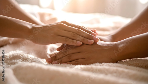 Wallpaper Mural Gentle Hands Offering Comfort and Support on a Soft Bed Torontodigital.ca