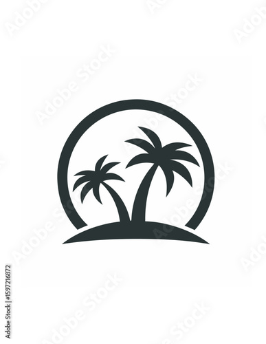 A stylized black and white graphic featuring two palm trees silhouetted on a small island within a circular frame.