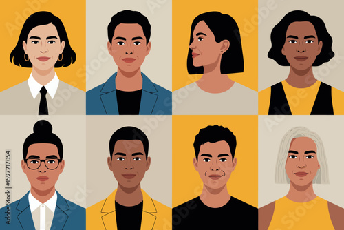 a grid of eight diverse individual avatars, showcasing a range of facial features, hairstyles, and skin tones. 