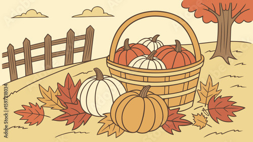 Autumn harvest scene with pumpkins in basket and fall leaves vector illustration drawing design
