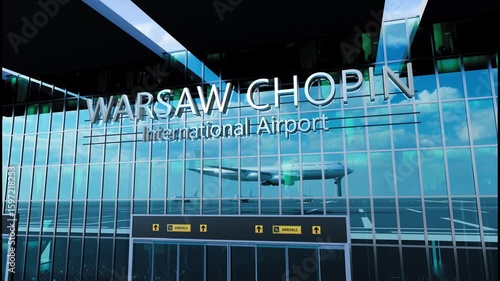 Airlane landing at Warsaw Chopin. Arrival in the city with reflection of airport and aircraft