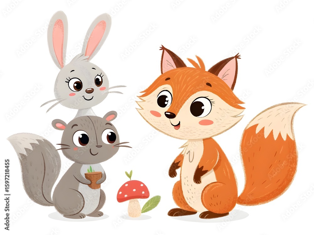 Fototapeta premium Cute forest animals including a fox rabbit and squirrel