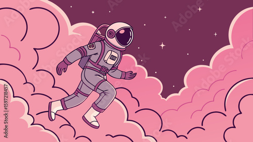 Astronaut in space running through pink clouds cosmic adventure digital art illustration vector graphic