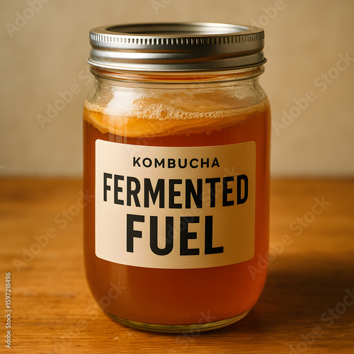 A glass jar of kombucha labeled fermented fuel sits on a wooden table highlighting its health benefits and natural ingredients