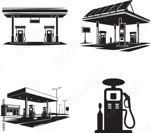 Flat gas station silhouette set vector illustration isolated On Transparent Background