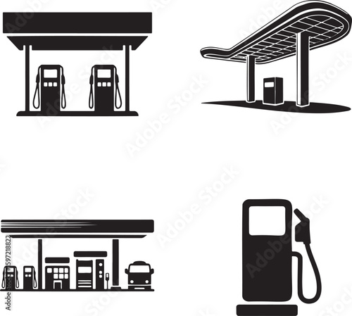 Flat gas station silhouette set vector illustration isolated On Transparent Background