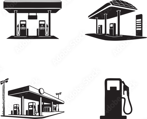 Flat gas station silhouette set vector illustration isolated On Transparent Background