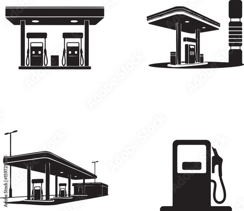 Flat gas station silhouette set vector illustration isolated On Transparent Background