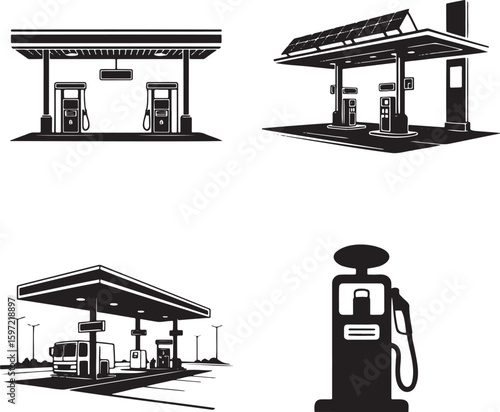 Flat gas station silhouette set vector illustration isolated On Transparent Background