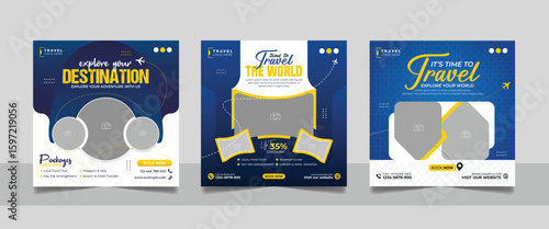 Travel agency tour packages social media post set holiday vacation trip square web banner template  travelling business bundle design