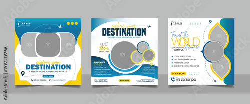 Travel agency tour packages social media post set holiday vacation trip square web banner template  travelling business bundle design