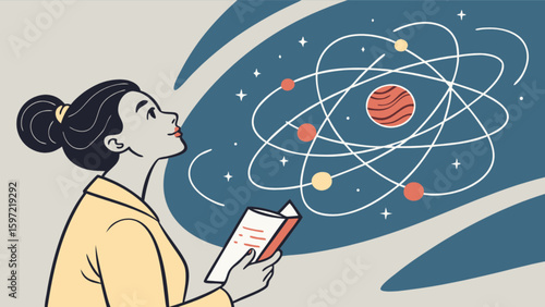 Science education learning physics atom model woman studying cosmos universe knowledge exploration concept