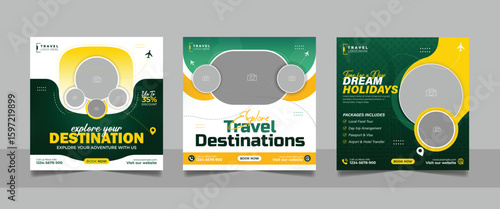 Travel agency tour packages social media post set holiday vacation trip square web banner template  travelling business bundle design