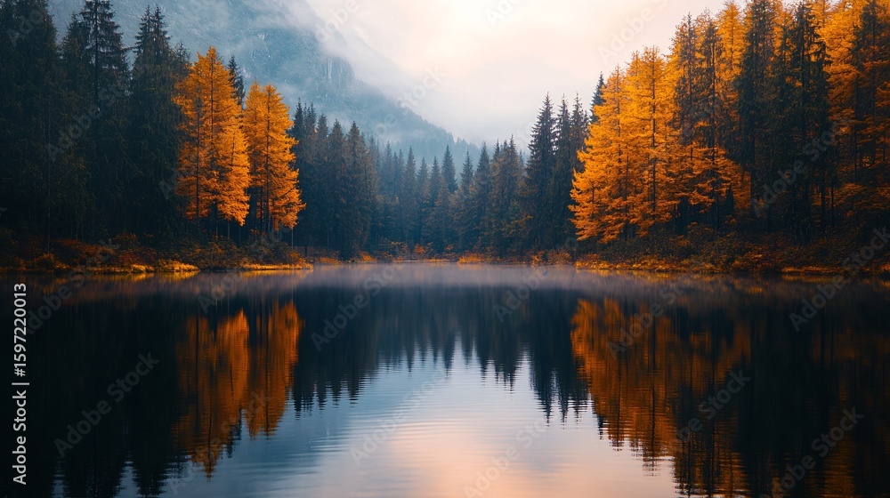 Obraz premium Autumnal Forest Landscape Reflected in Calm Lake Water, Misty Mountain Backdrop