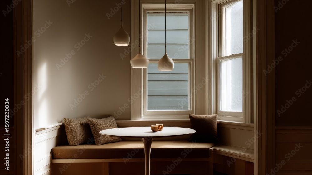 Fototapeta premium Sunlit window seat with built in bench round table and three pendant lights