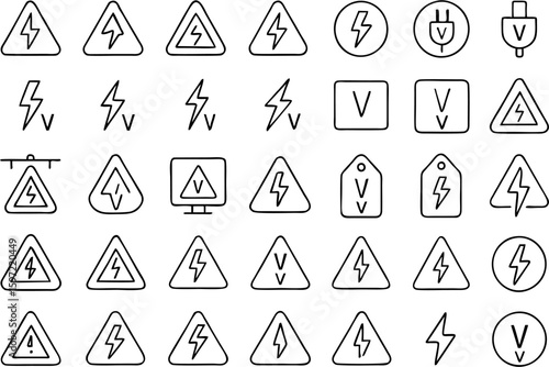 High voltage and electricity warning icon set in outline style, includes lightning bolts, warning signs, electric plugs, and voltage symbols for safety and signage.

