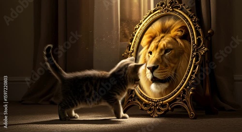 A kitten gazes at a lion's reflection in an ornate mirror