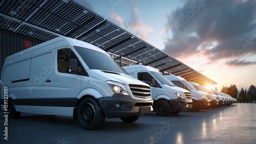 Fleet of White Delivery Vans Parked in Modern Facility Under Solar Panels, Showcasing Efficient Logistics and Sustainable Transportation Solutions