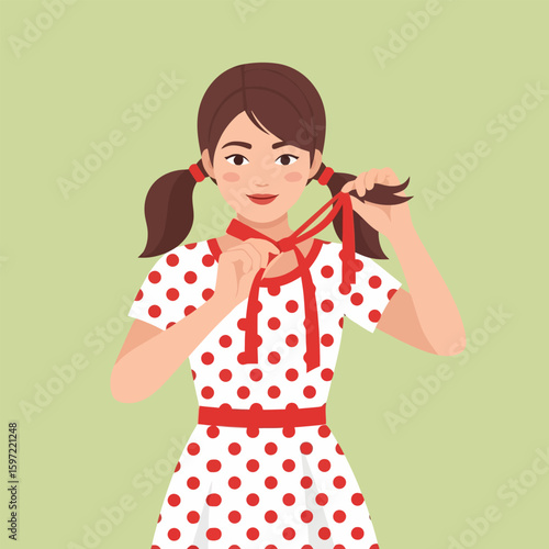 Girl Tying Ribbon Bow Around Neck Wearing Polka Dot Dress