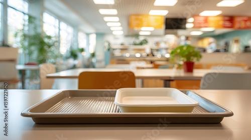 Empty tray with container on cafeteria table in a bright sunny school dining hall ready for lunch