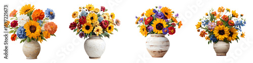 Wallpaper Mural Colorful Sunflower Bouquets in Rustic Vases, Isolated on White Torontodigital.ca