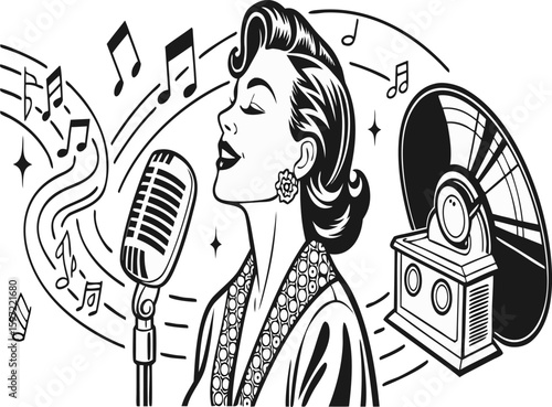 Vintage jazz singer performs with classic microphone and gramophone surrounded by musical notes and sparkling stars evoking a glamorous retro performance atmosphere