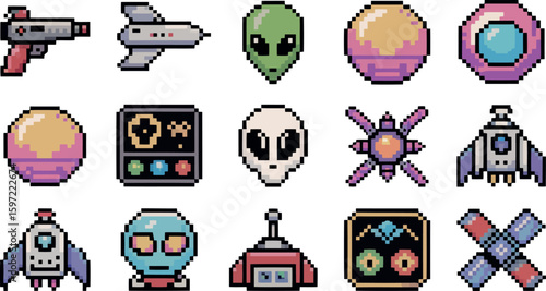 s a variety of pixel art icons with a futuristic and space-themed aesthetic.