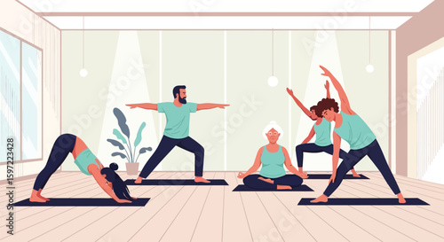 Yoga class illustration diverse group people practicing poses wellness studio