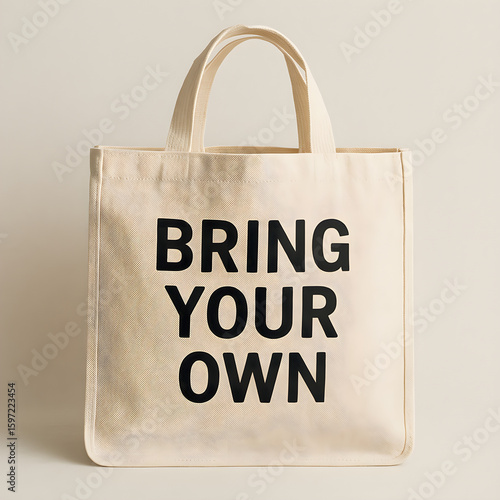A beige canvas tote bag with the words bring your own is displayed against a neutral backdrop