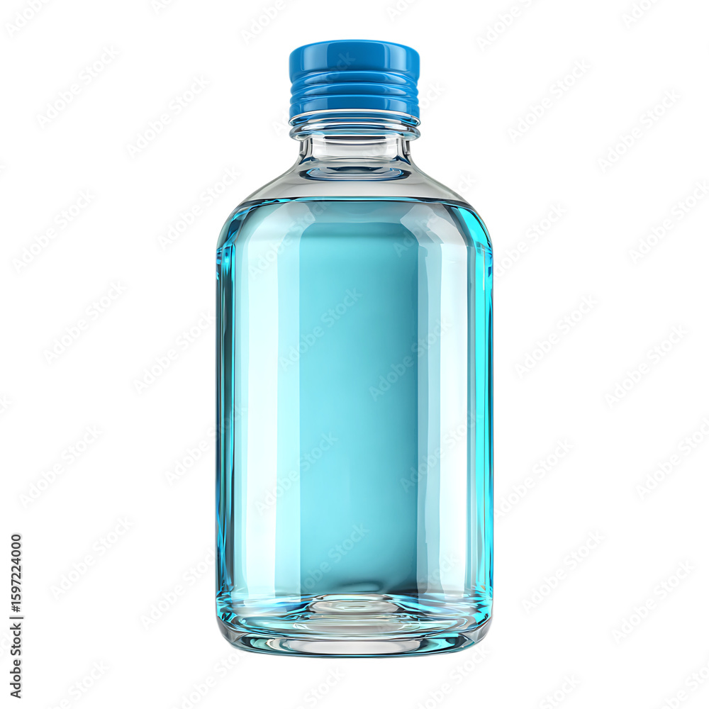 Naklejka premium Clear plastic bottle with light blue liquid and blue cap.