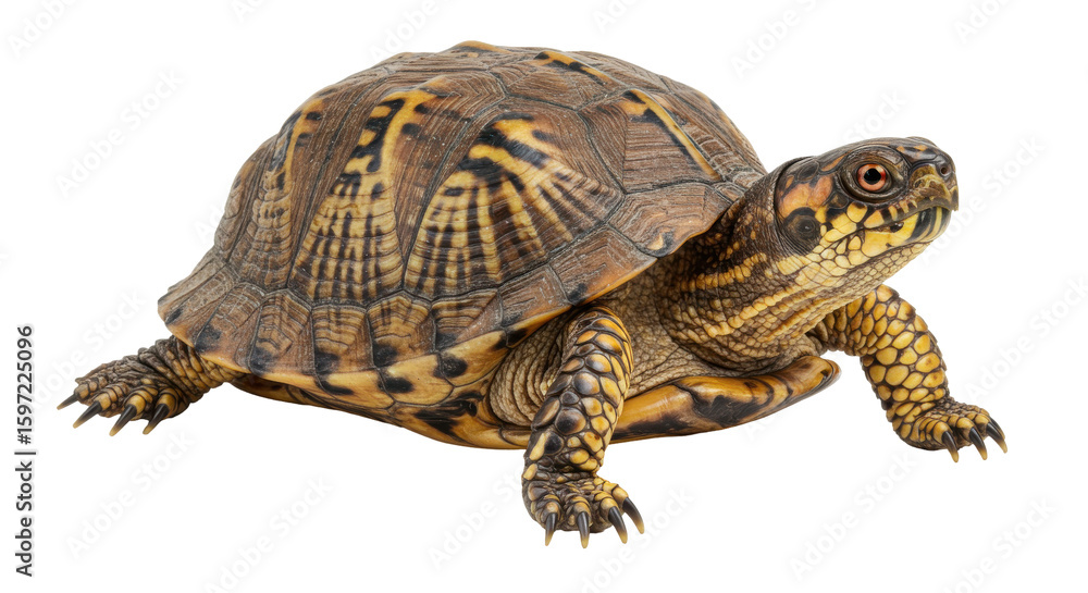 Fototapeta premium A close-up of a vibrant turtle exploring a natural habitat with lush greenery in the background