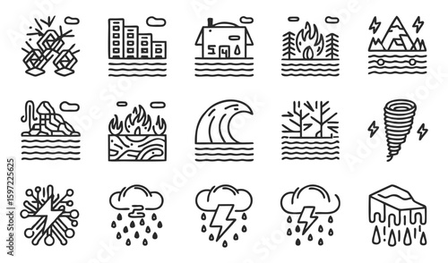 Natural Disaster and Weather Hazard Icon Set – Includes flood, wildfire, hurricane, lightning, heavy rain, snowstorm, landslide, drought, and extreme weather icons in modern linear style.

