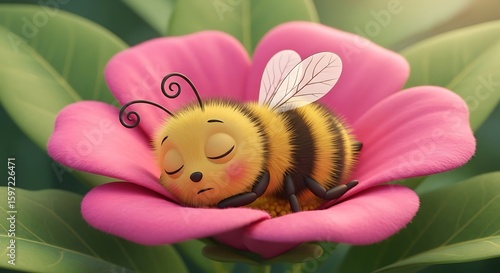 Adorable 3D Rendered Bumblebee Sleeping Peacefully on a Vibrant Pink Flower, Sweet Dreamy Mood, Childlike Innocence.