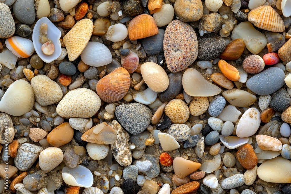 Close up of colorful beach stones and seashell fragments on the sand. Good for backgrounds, textures, travel, summer, and the seaside theme. Close up of colorful beach stones and seashell fragments on the sand. Good for backgrounds, textures, travel, summer, and the seaside theme.