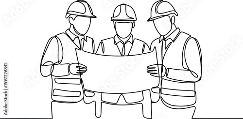 This line art illustration portrays three construction engineers or architects standing together, reviewing building plans. 