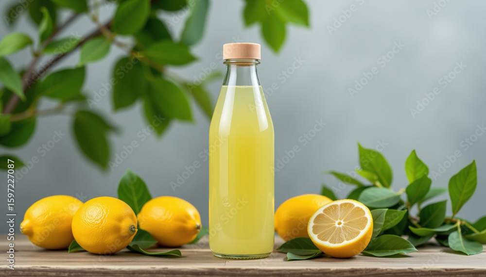 Fototapeta premium Fresh lemonade in glass bottle surrounded by vibrant lemons and green leaves, evoking refreshing and natural feel