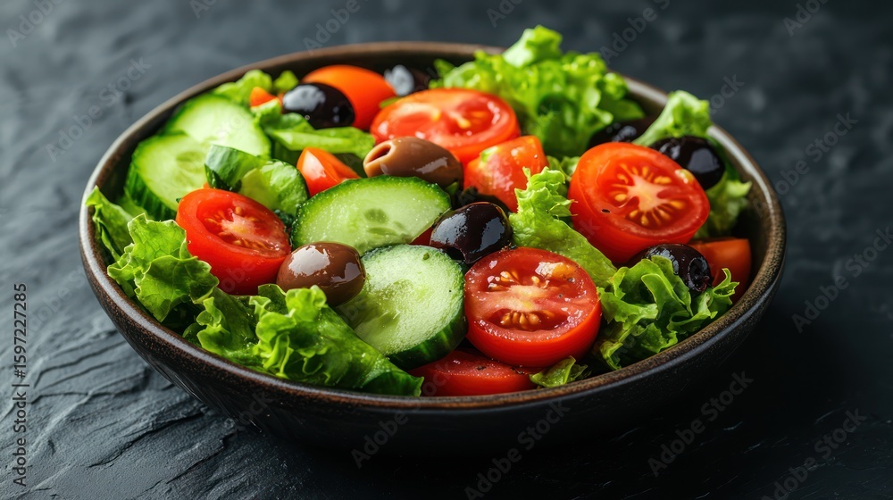 Colorful fresh salad with tomatoes, cucumbers, olives, and lettuce leaves Colorful fresh salad with tomatoes, cucumbers, olives, and lettuce leaves