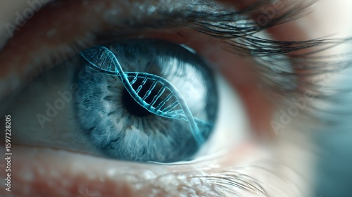 DNA helix reflection in a human eye, representing genetics and medical science concept