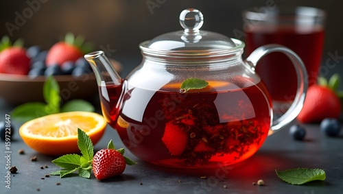 Herbal Berry Tea in Glass Teapot with Fruits