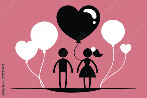 Vector art of a couple holding hands with heart and round balloons