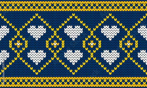 Charming knitted pattern featuring white hearts framed by yellow diamond motifs on a navy blue background. Perfect for cozy textiles, handmade crafts, romantic designs, and creative winter projects.